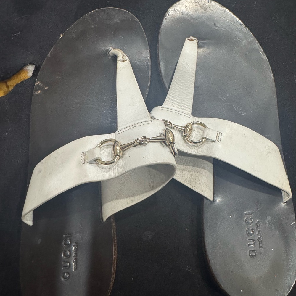 Gucci White  Horsebit Leather Slide Sandals